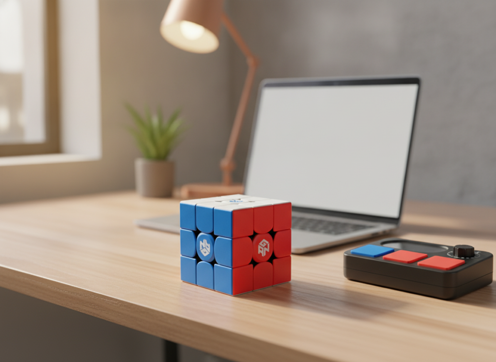 Magnetyczna kostka logiczna GAN 356M na biurku obok timera do speedcubingu