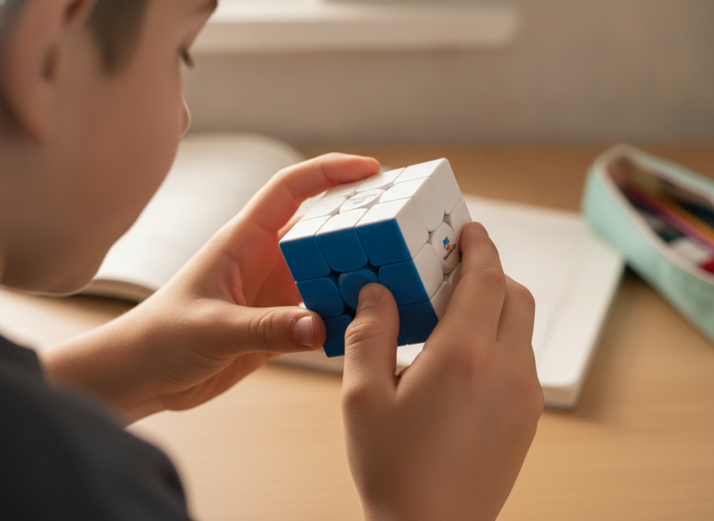 Dziecko trzymające magnetyczną kostkę GAN Monster Go 3x3x3 podczas układania