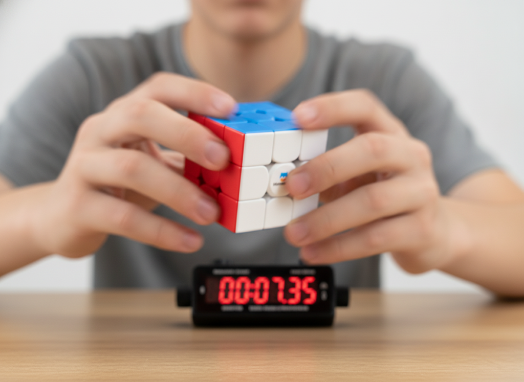 Nastolatek układający GAN Monster Go 3x3x3 na czas ze stoperem