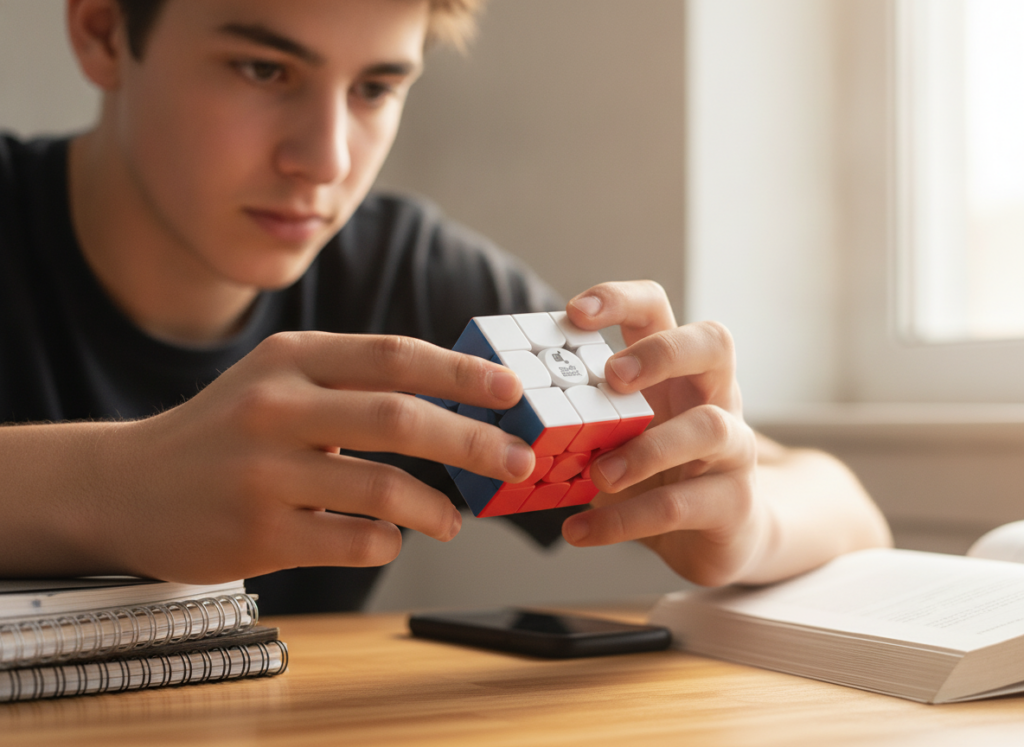 Nastolatek układa magnetyczną kostkę logiczną SWIFT 355S V2 przy biurku
