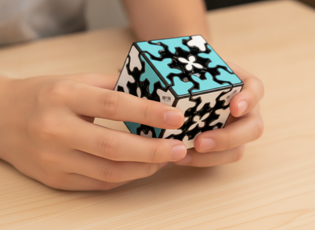 Dłonie trzymające i obracające kostkę QiYi Gear 3x3x3 podczas układania