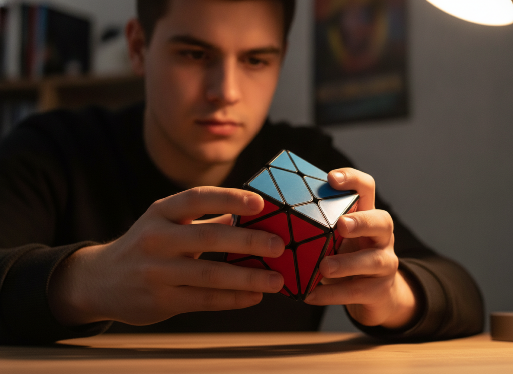 Układacz trzymający kostkę QiYi Axis 3x3x3 w trakcie rozwiązywania – kształt zdeformowany po obrotach