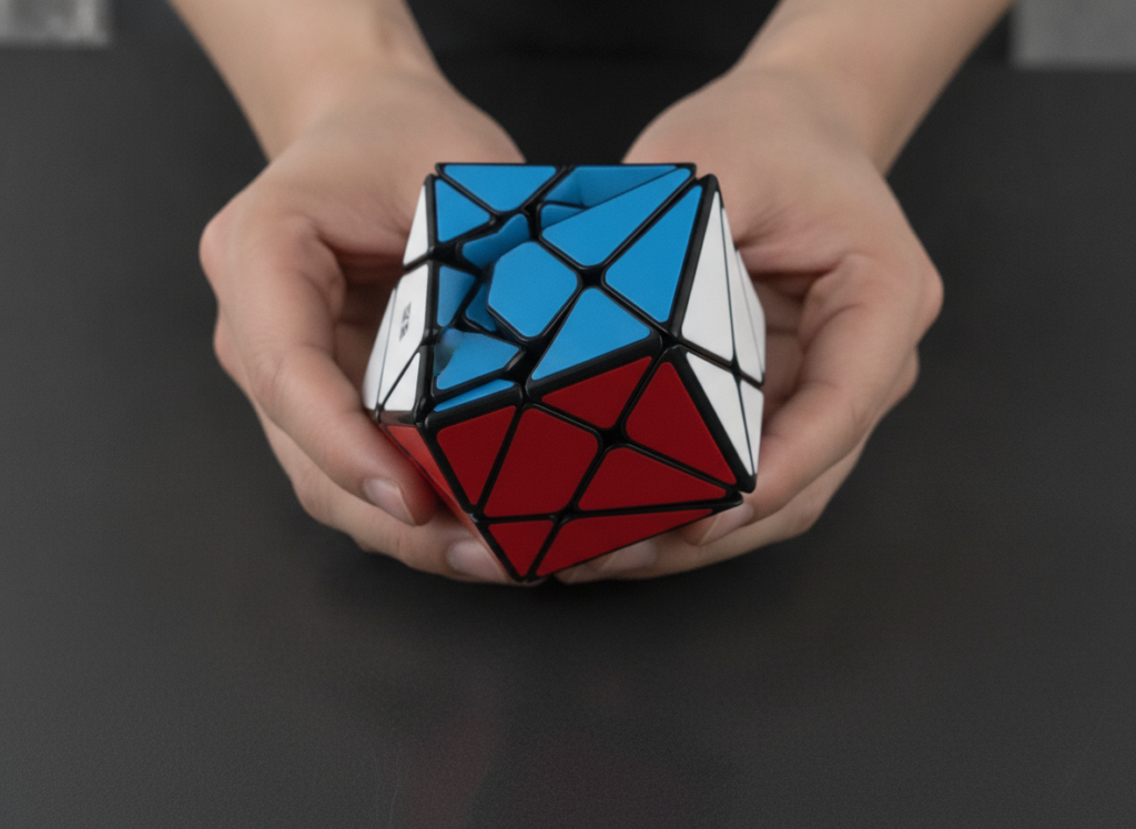 Dłonie trzymające zmiksowaną kostkę QiYi Axis 3x3x3 o wielościennym kształcie