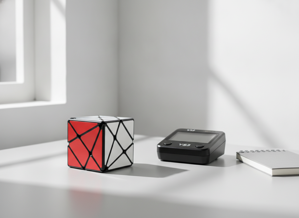Kostka QiYi Axis 3x3x3 ułożona na biurku obok timera do speedcubingu